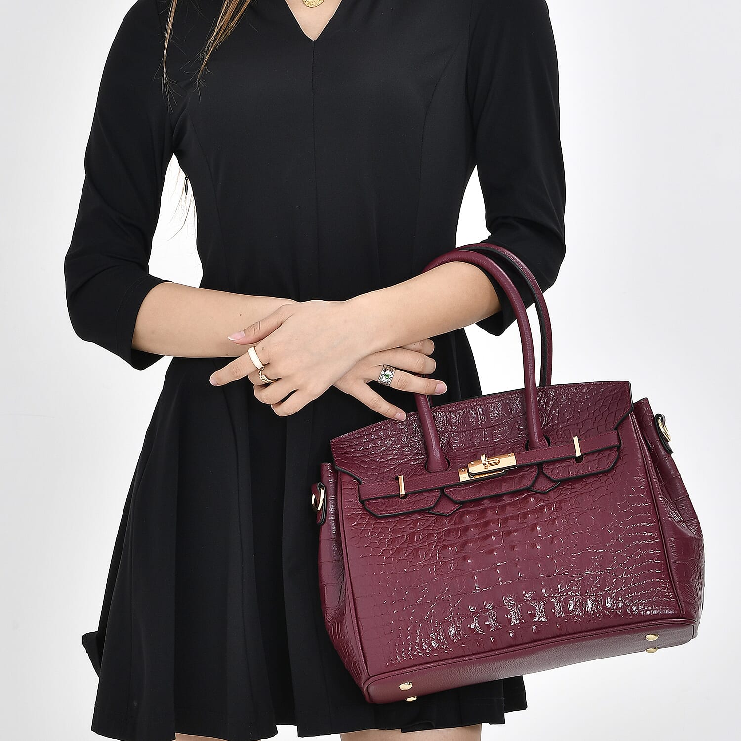 DESIGNER CLOSEOUT - Luxury Crocodile Embossed Genuine Leather Handbag with Detachable Long Strap - Ox Blood