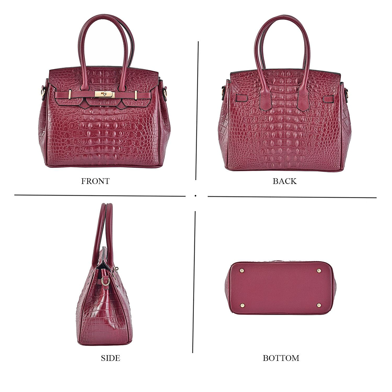 DESIGNER CLOSEOUT - Luxury Crocodile Embossed Genuine Leather Handbag with Detachable Long Strap - Ox Blood