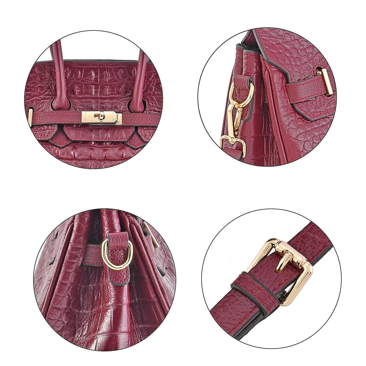 DESIGNER CLOSEOUT - Luxury Crocodile Embossed Genuine Leather Handbag with Detachable Long Strap - Ox Blood
