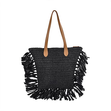 Straw Tote Bag with Tassel - Black