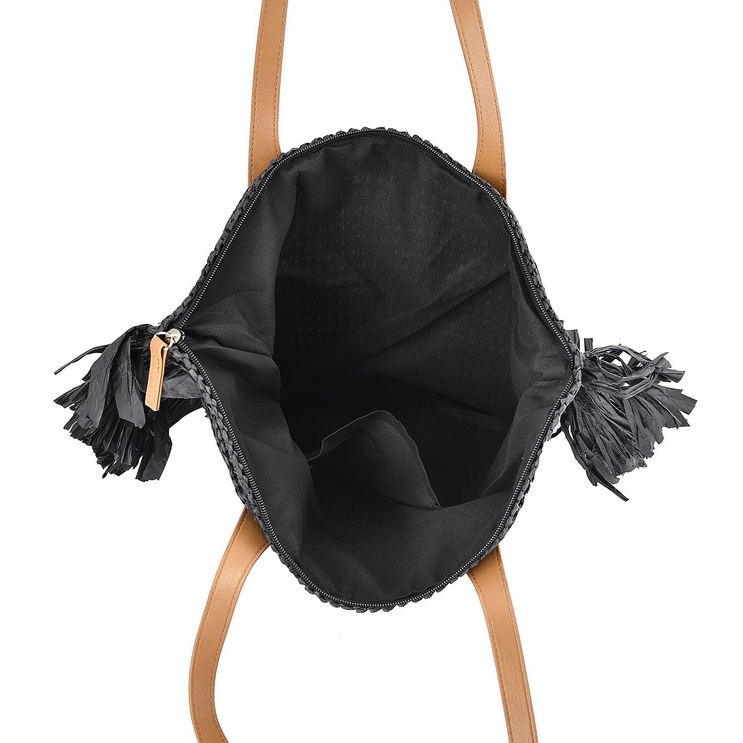 Straw Tote Bag with Tassel - Black