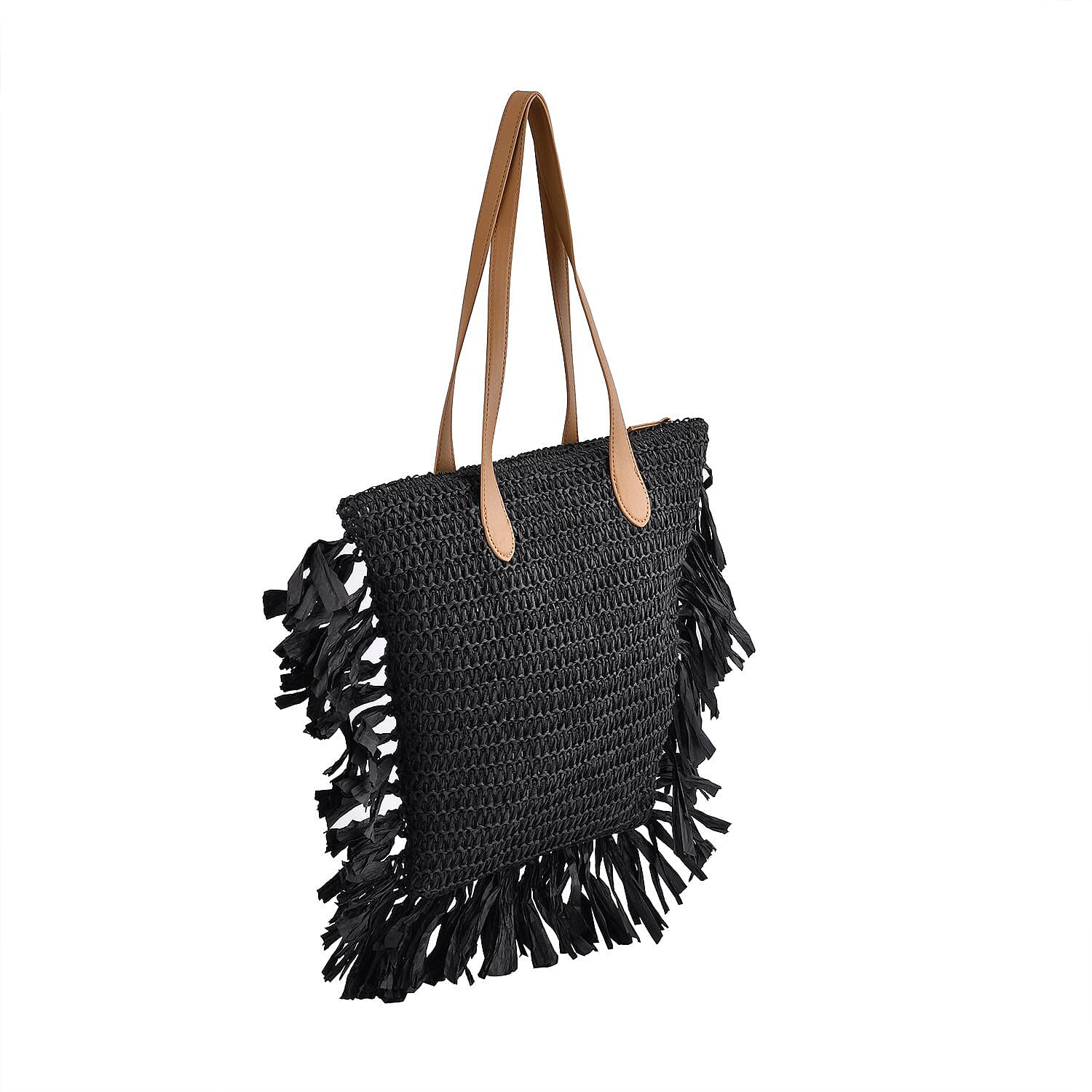 Straw Tote Bag with Tassel - Black
