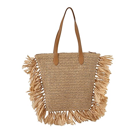 Straw Tote Bag with Tassel - Khaki