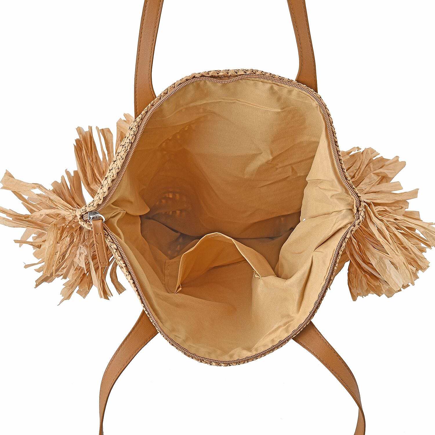 Straw Tote Bag with Tassel - Khaki
