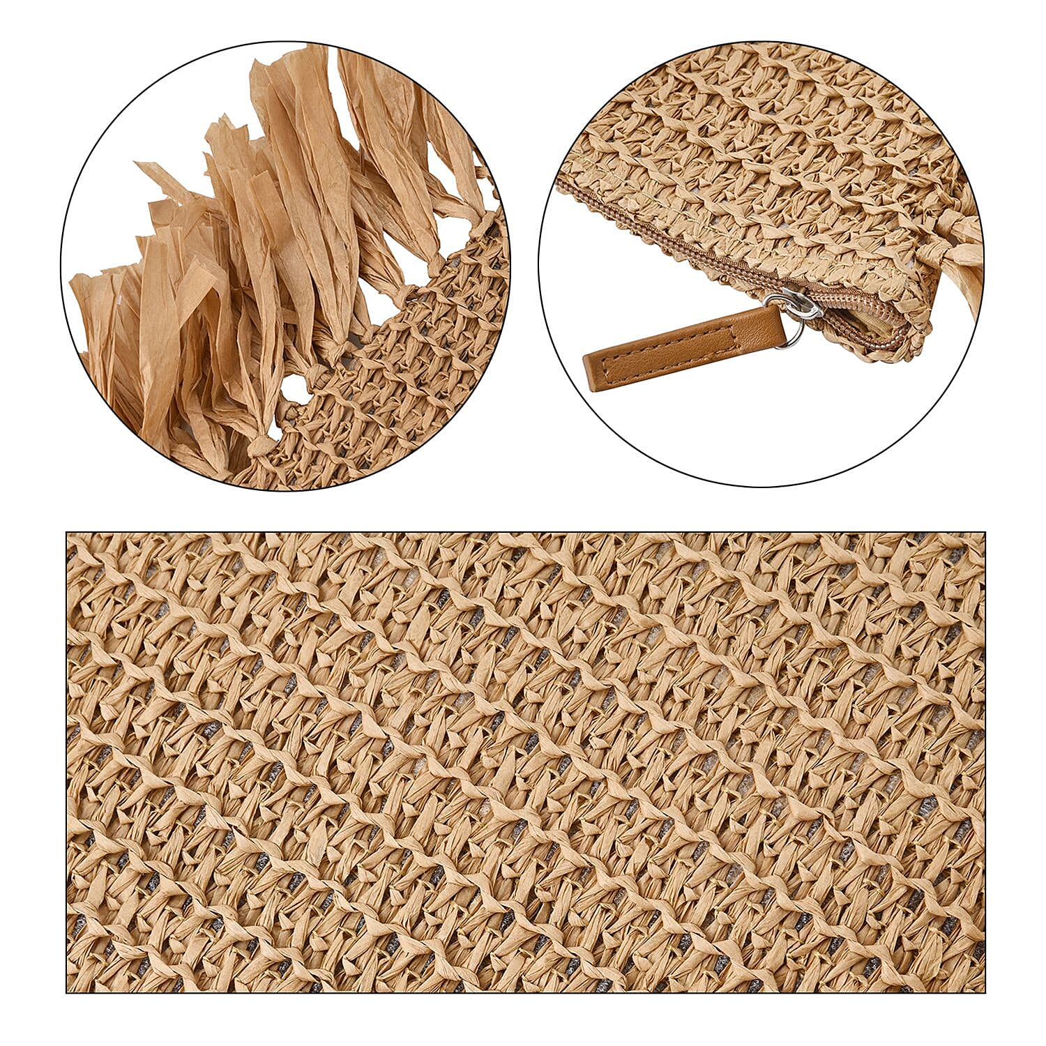 Straw Tote Bag with Tassel - Khaki