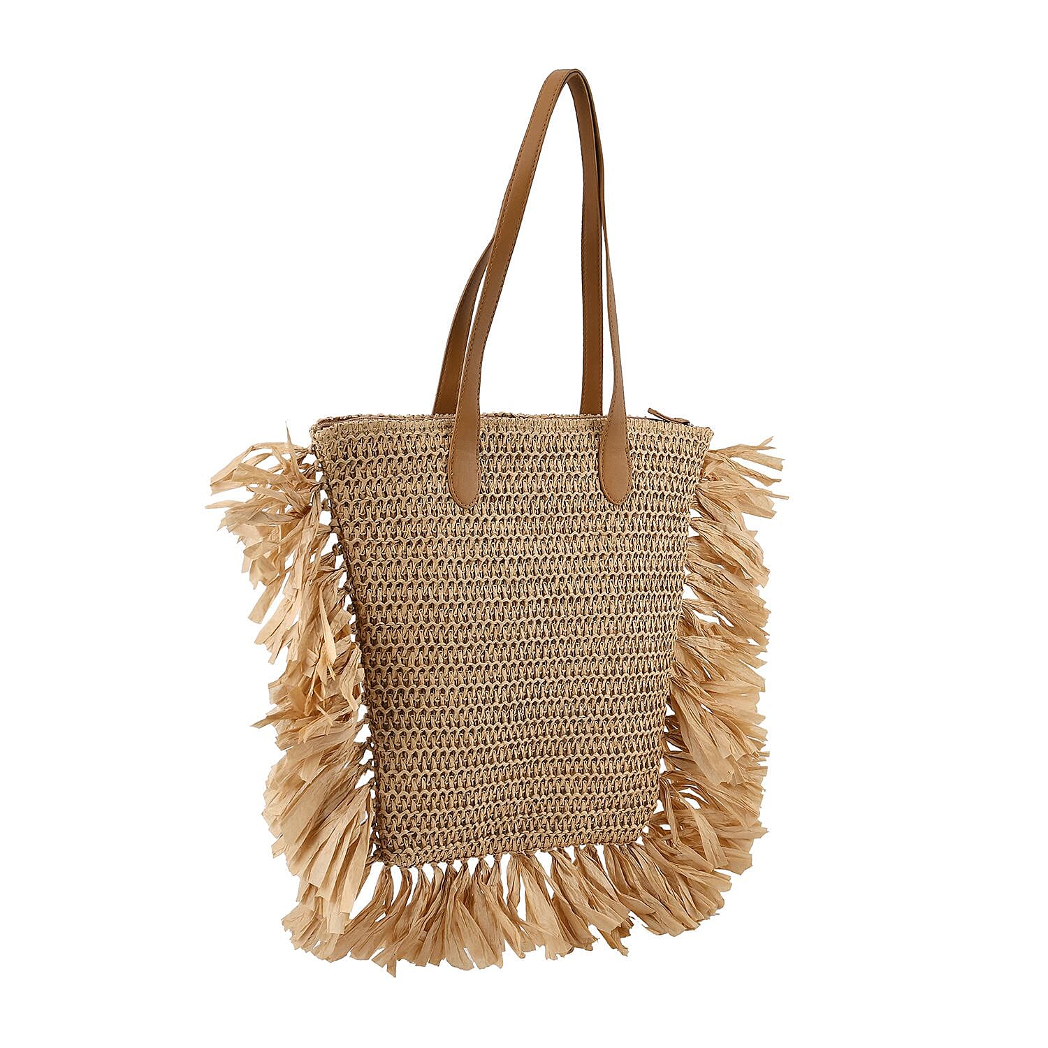 Straw Tote Bag with Tassel - Khaki
