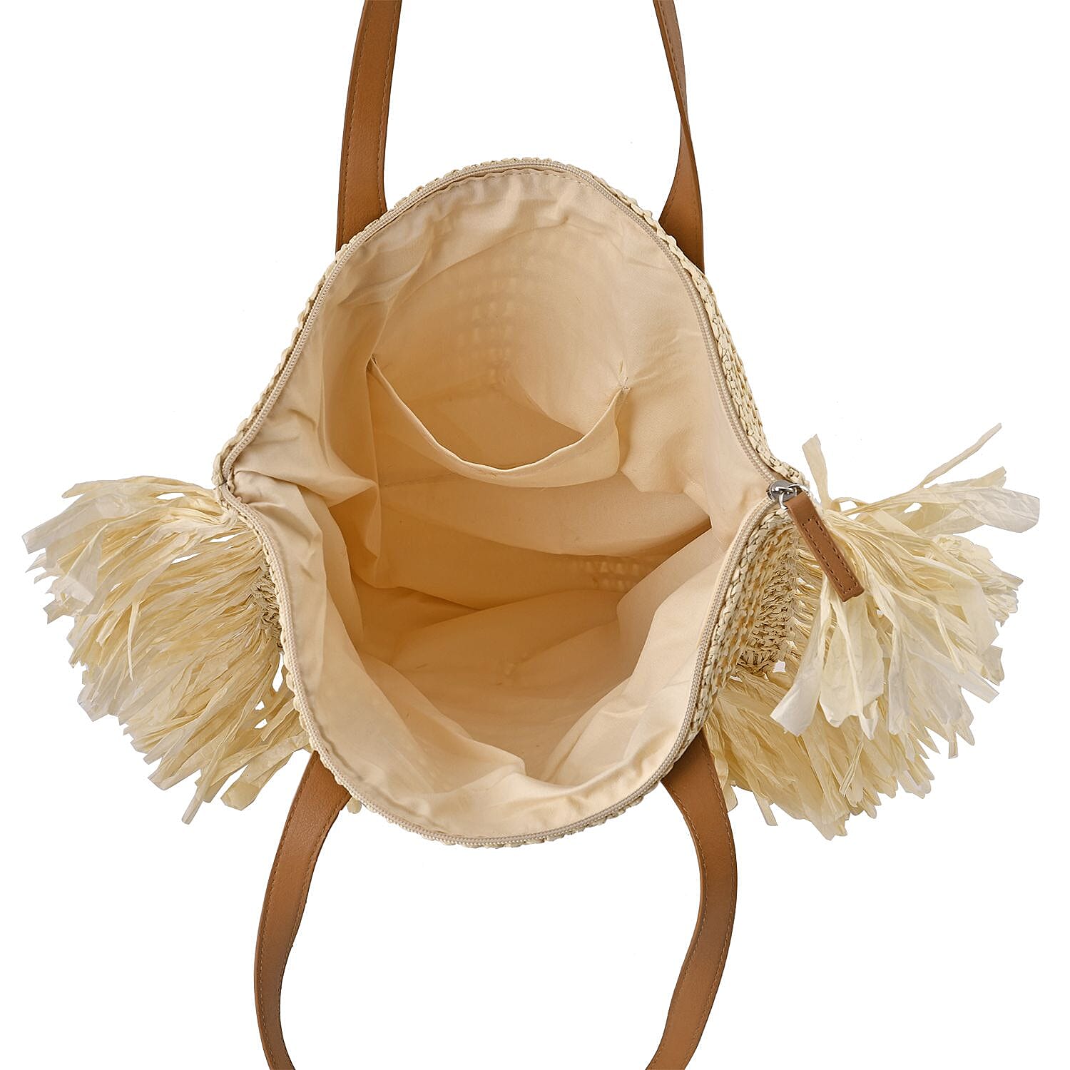 Straw Tote Bag with Tassel - Beige