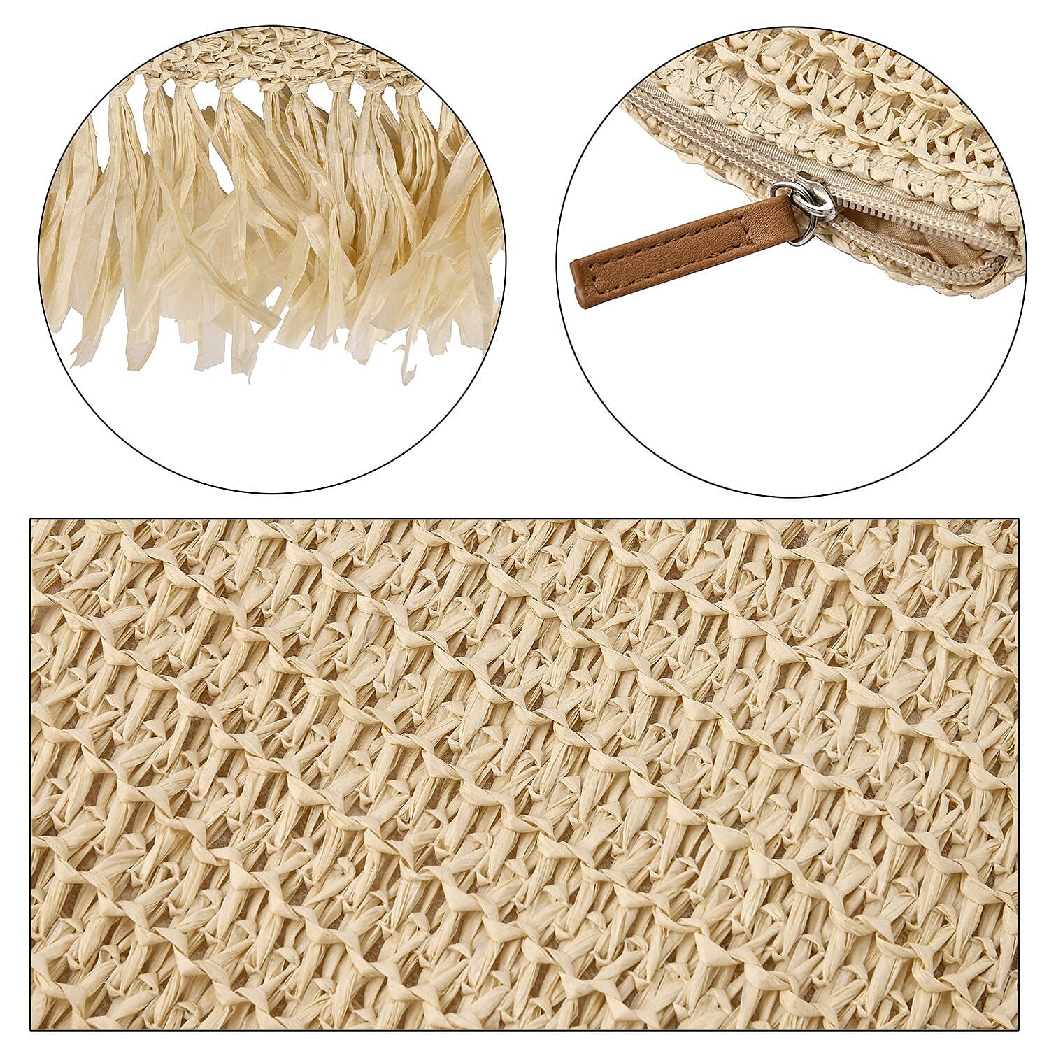 Straw Tote Bag with Tassel - Beige