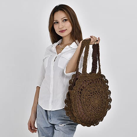 Straw Handknotted Round Tote Bag - Coffee