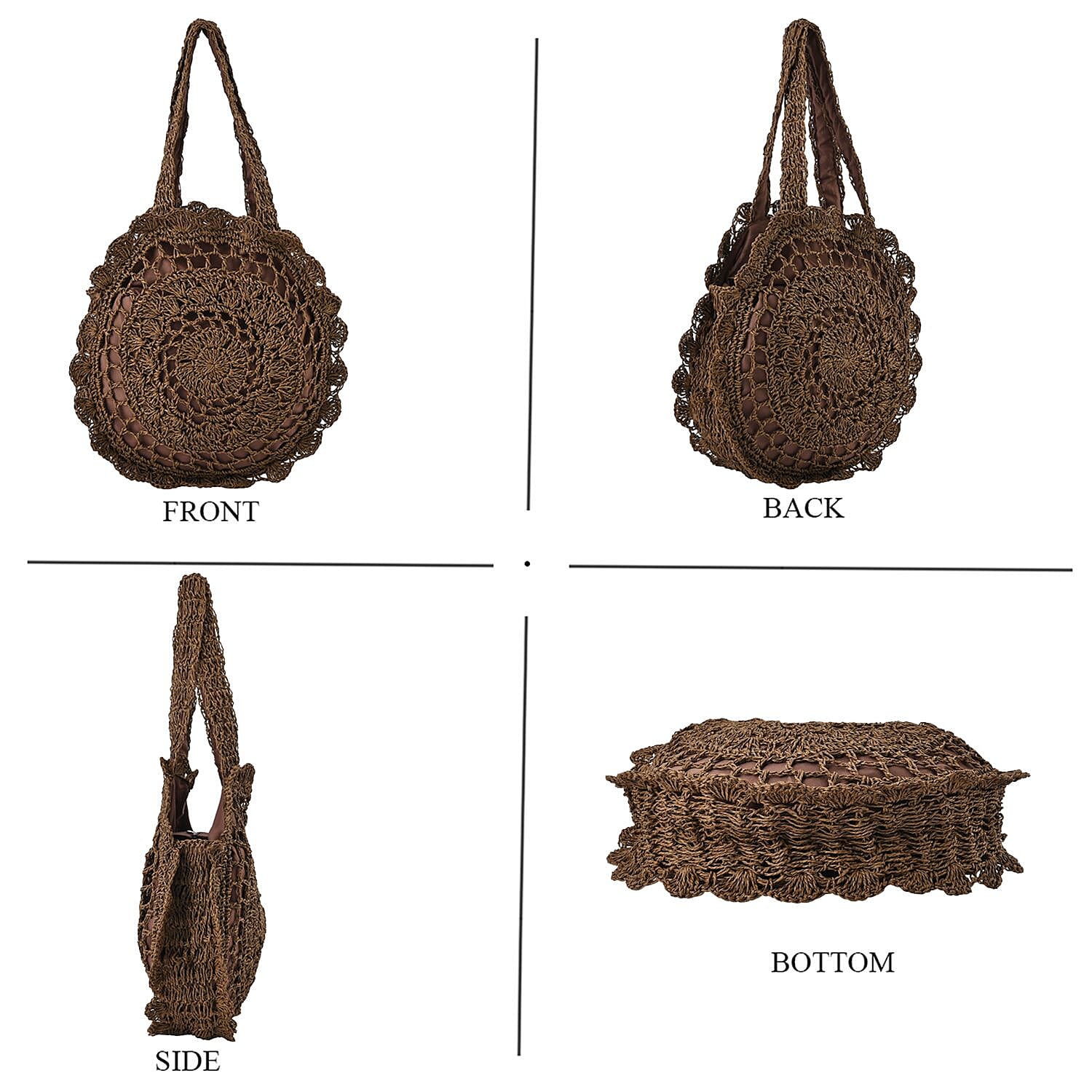 Straw Handknotted Round Tote Bag - Coffee