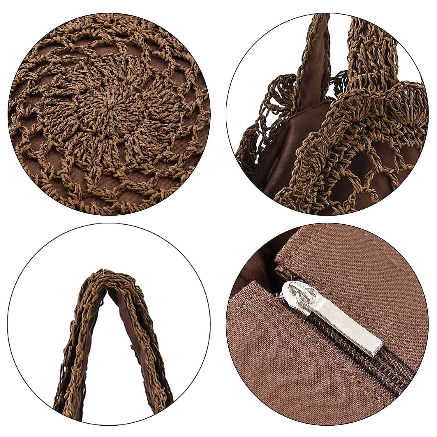 Straw Handknotted Round Tote Bag - Coffee