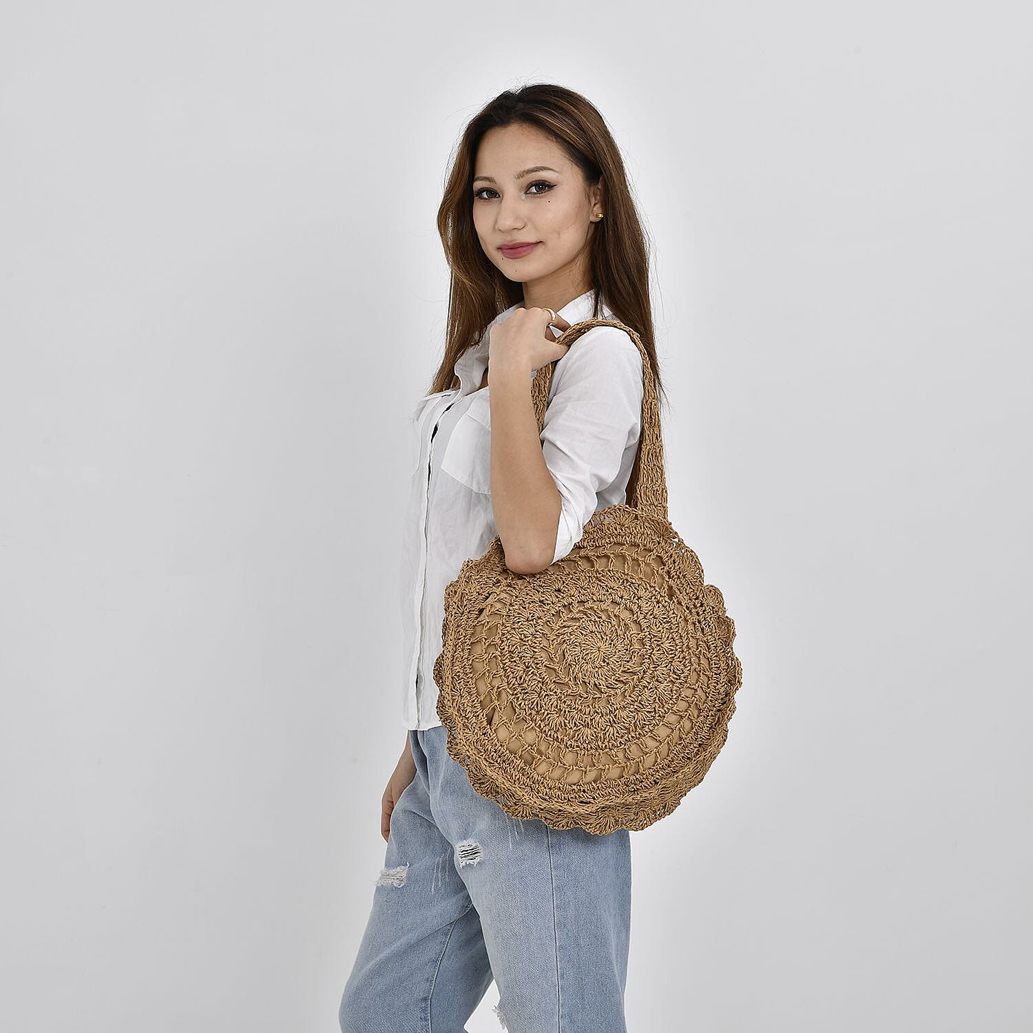 Straw Handknotted Round Tote Bag - Beige