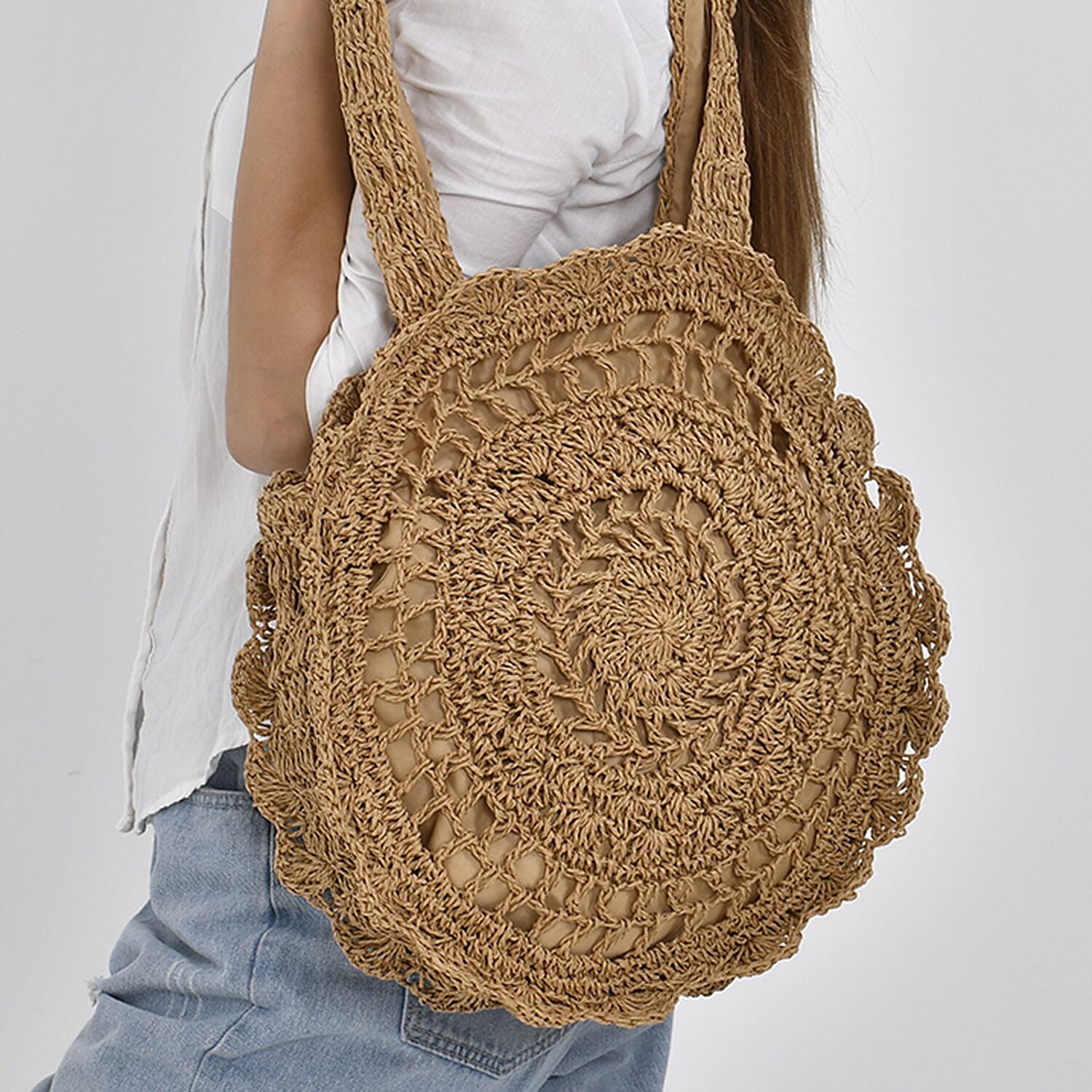 Straw Handknotted Round Tote Bag - Beige