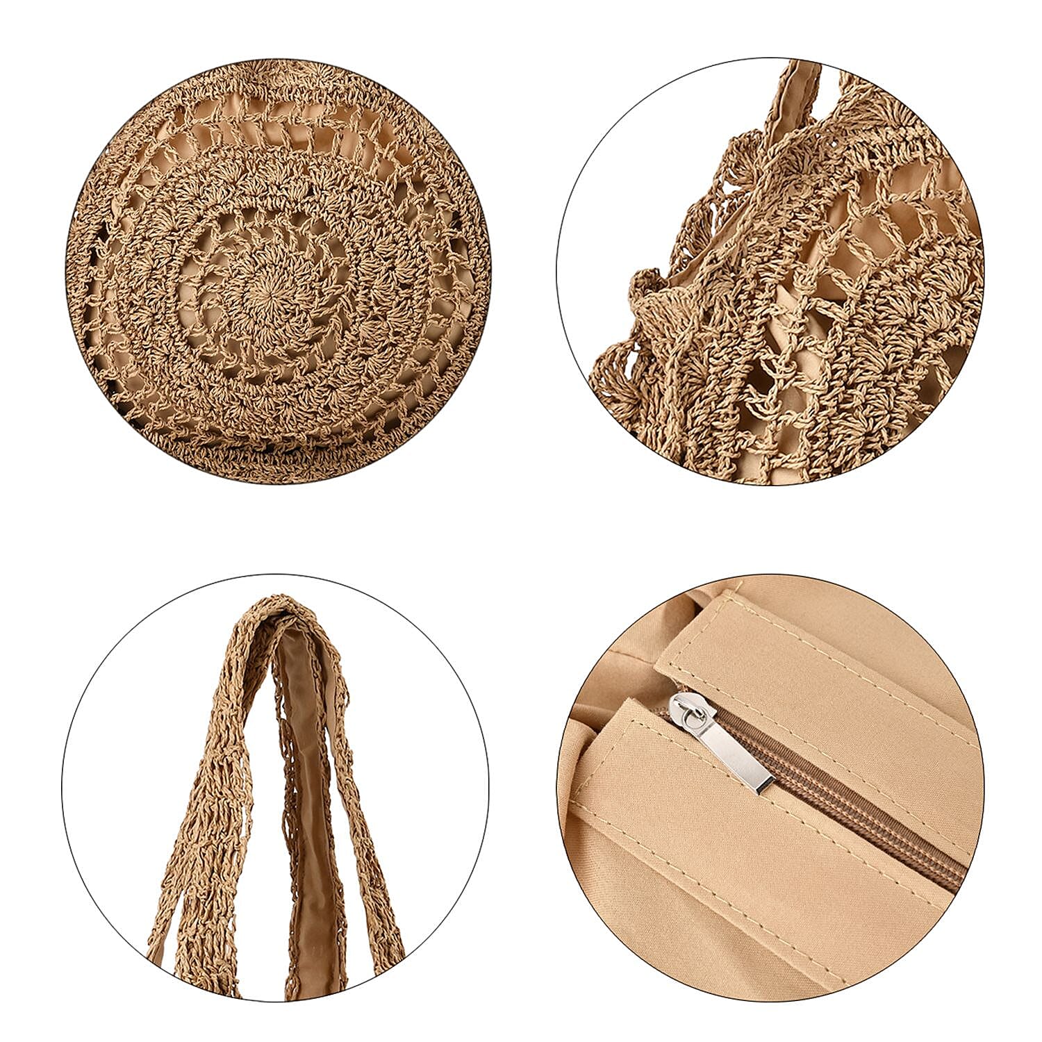Straw Handknotted Round Tote Bag - Beige