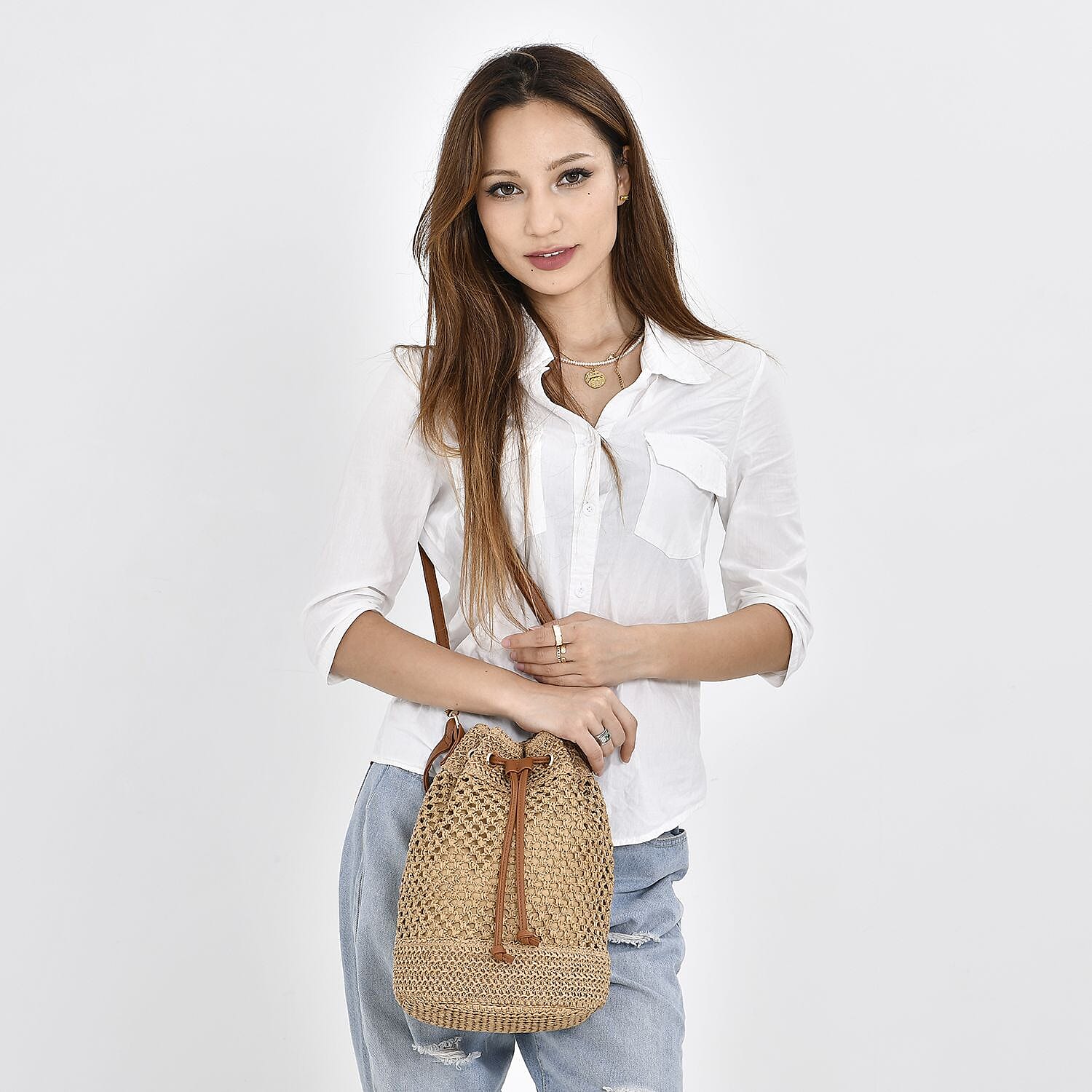 Paper Straw Handwoven Bucket Bag - Coffee