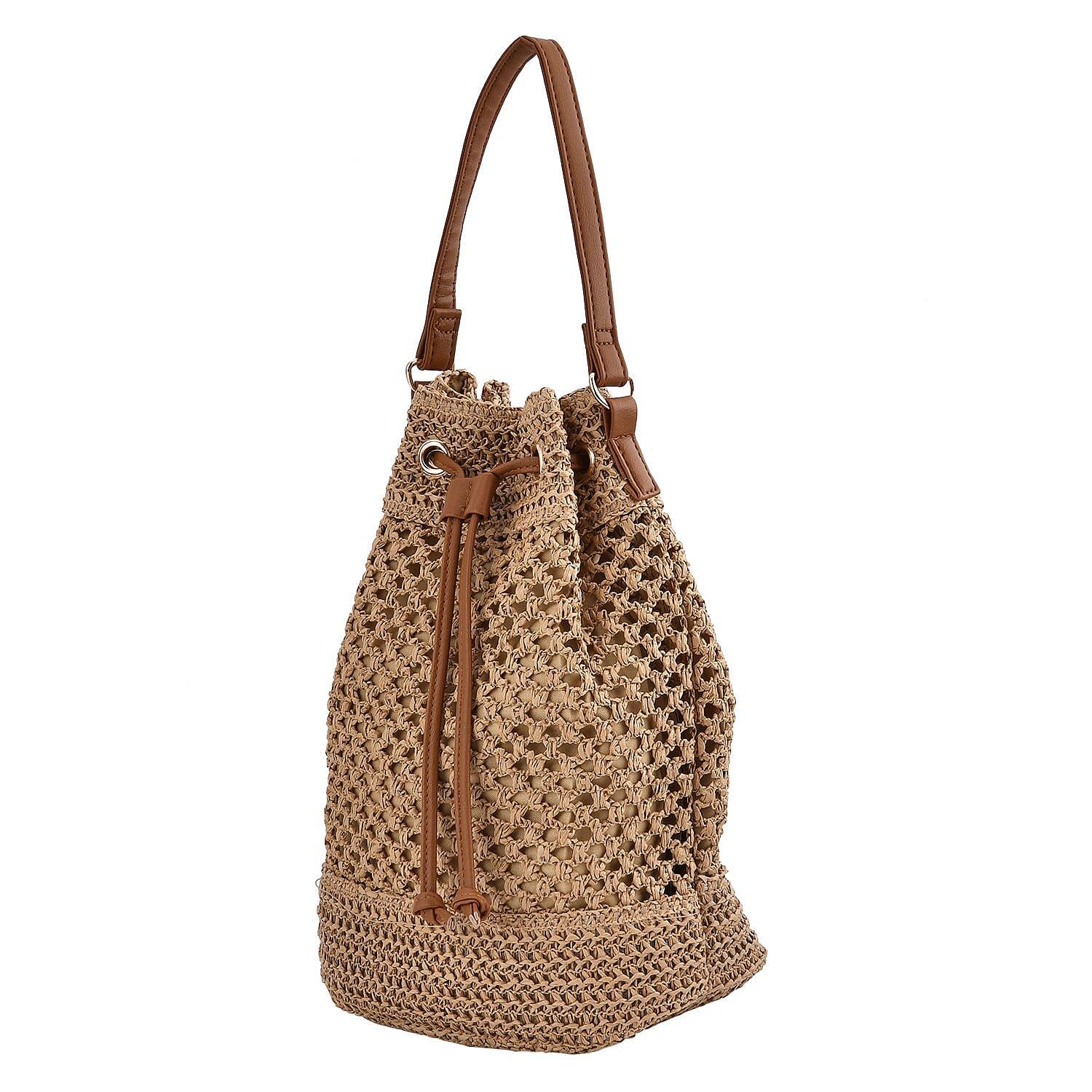 Paper Straw Handwoven Bucket Bag - Coffee