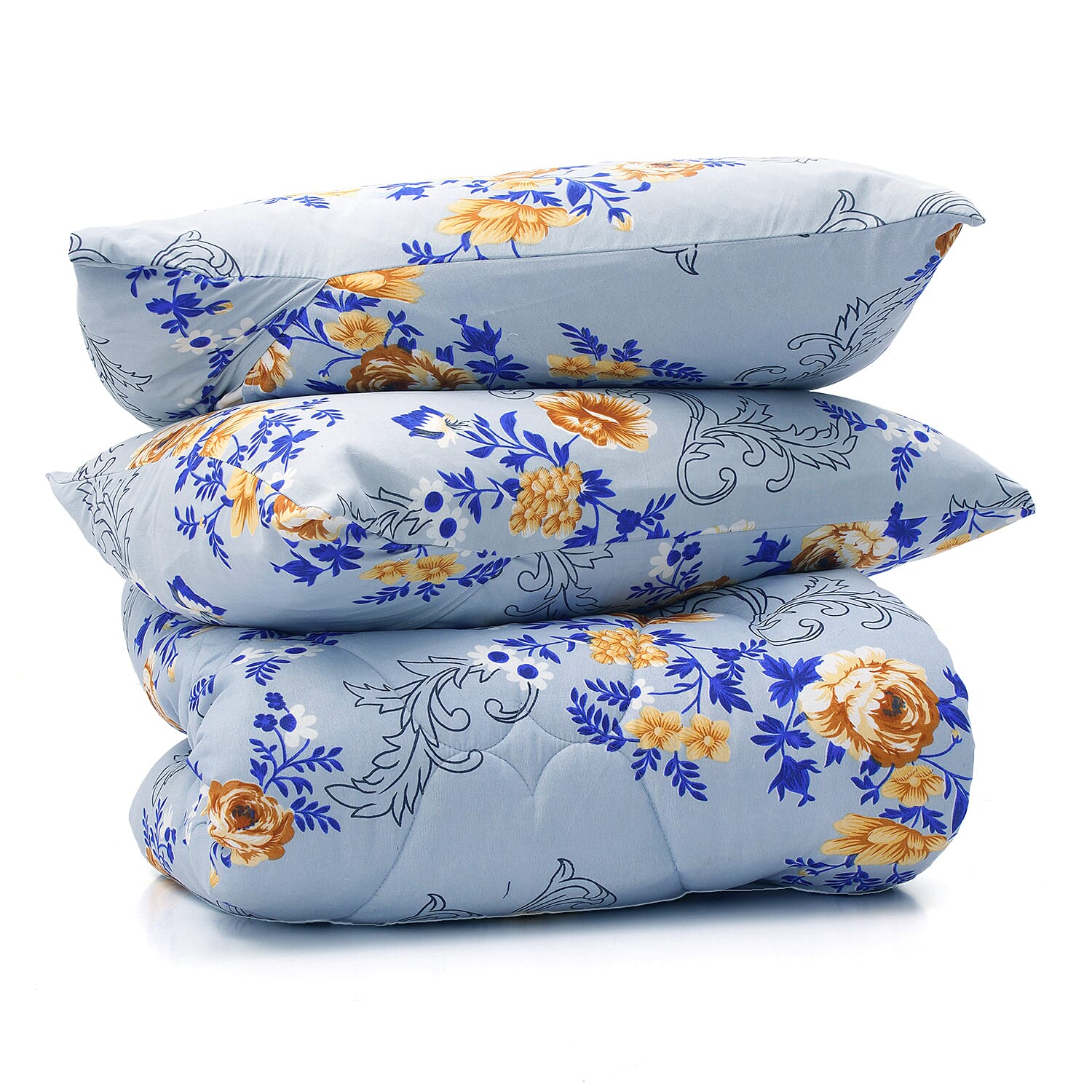 3 Piece Set - Micro Fiber Quilted Printed Reversible Comforter and Pillow Cover (Size 200x200) - Sky Blue