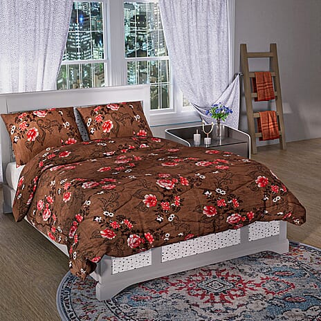 3 Piece Set - Micro Fiber Quilted Printed Reversible Comforter with 2 Pillow Cover (Double Size, 200x200 cm) - Light Brown