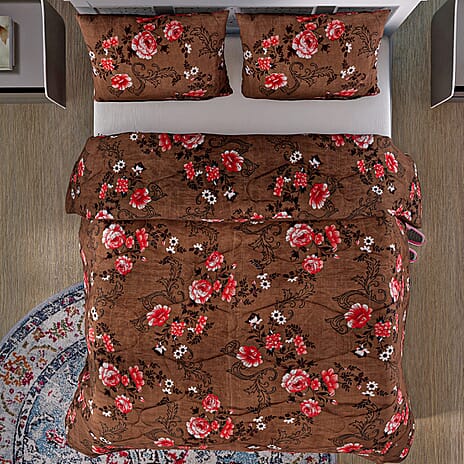 3 Piece Set - Micro Fiber Quilted Printed Reversible Comforter with 2 Pillow Cover (Double Size, 200x200 cm) - Light Brown
