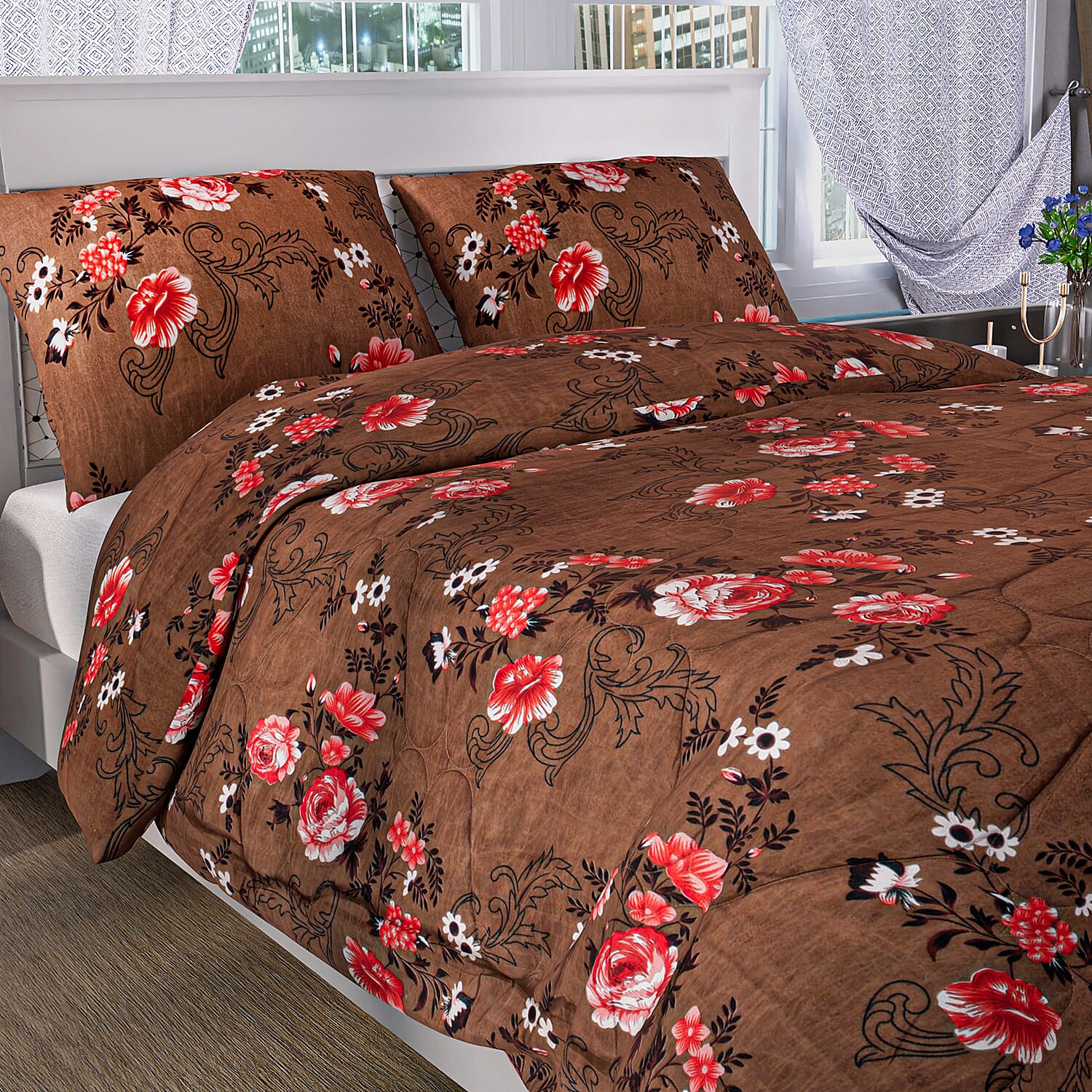 3 Piece Set - Micro Fiber Quilted Printed Reversible Comforter and Pillow Cover (Size 200x200) - Sky Blue