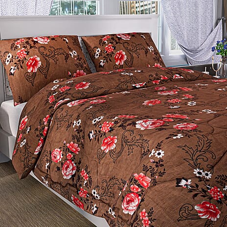 3 Piece Set - Micro Fiber Quilted Printed Reversible Comforter with 2 Pillow Cover (Double Size, 200x200 cm) - Light Brown