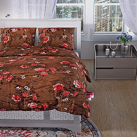 3 Piece Set - Micro Fiber Quilted Printed Reversible Comforter with 2 Pillow Cover (Double Size, 200x200 cm) - Light Brown