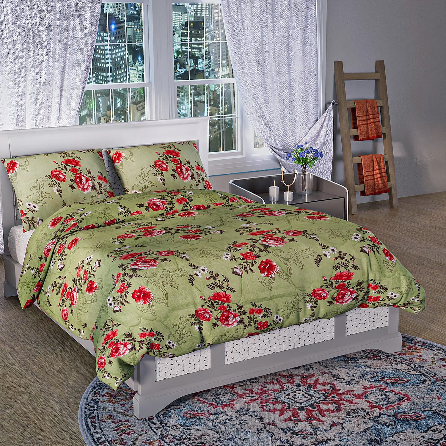 3 Piece Set - Micro Fiber Quilted Printed Reversible Comforter and Pillow Cover (Size 200x200) - Sky Blue