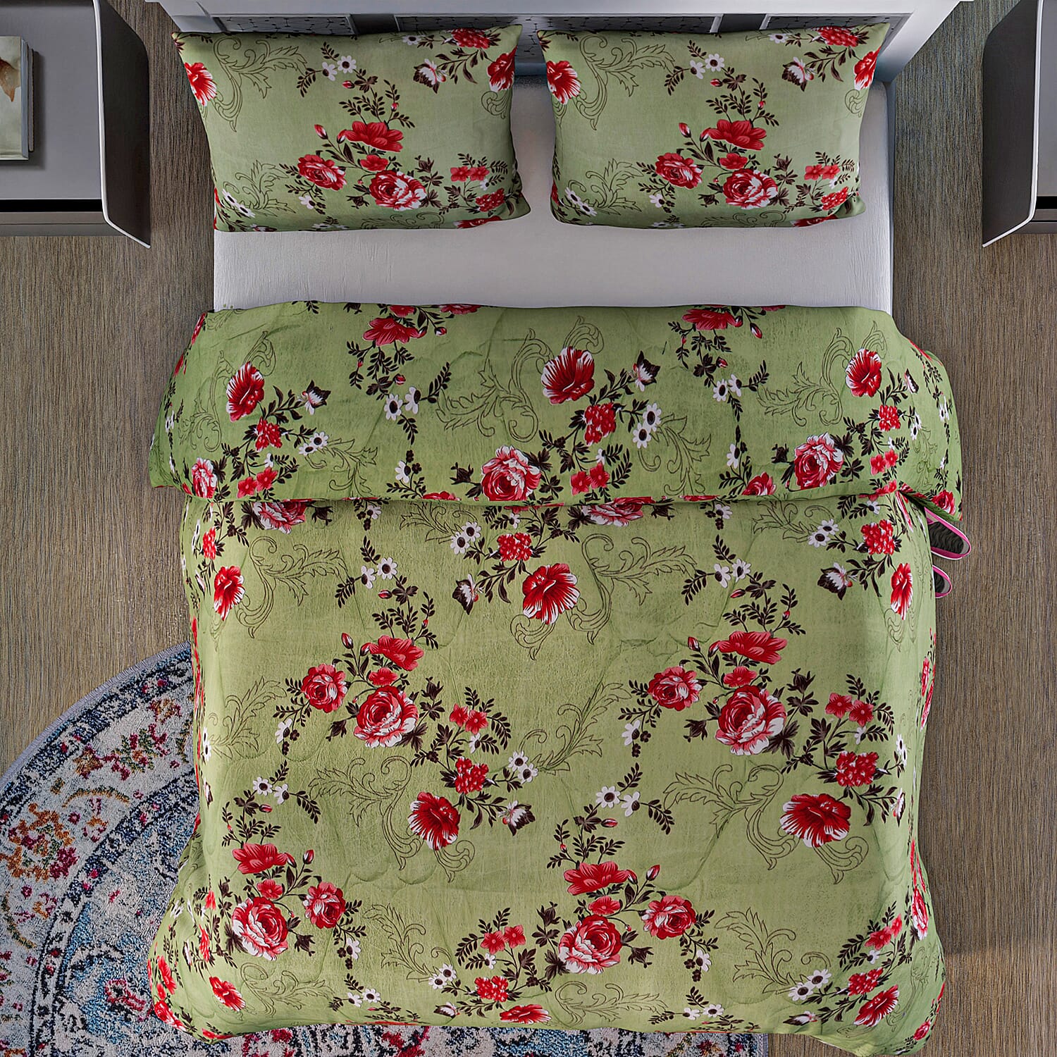 3 Piece Set - Micro Fiber Quilted Printed Reversible Comforter and Pillow Cover (Size 200x200) - Sky Blue