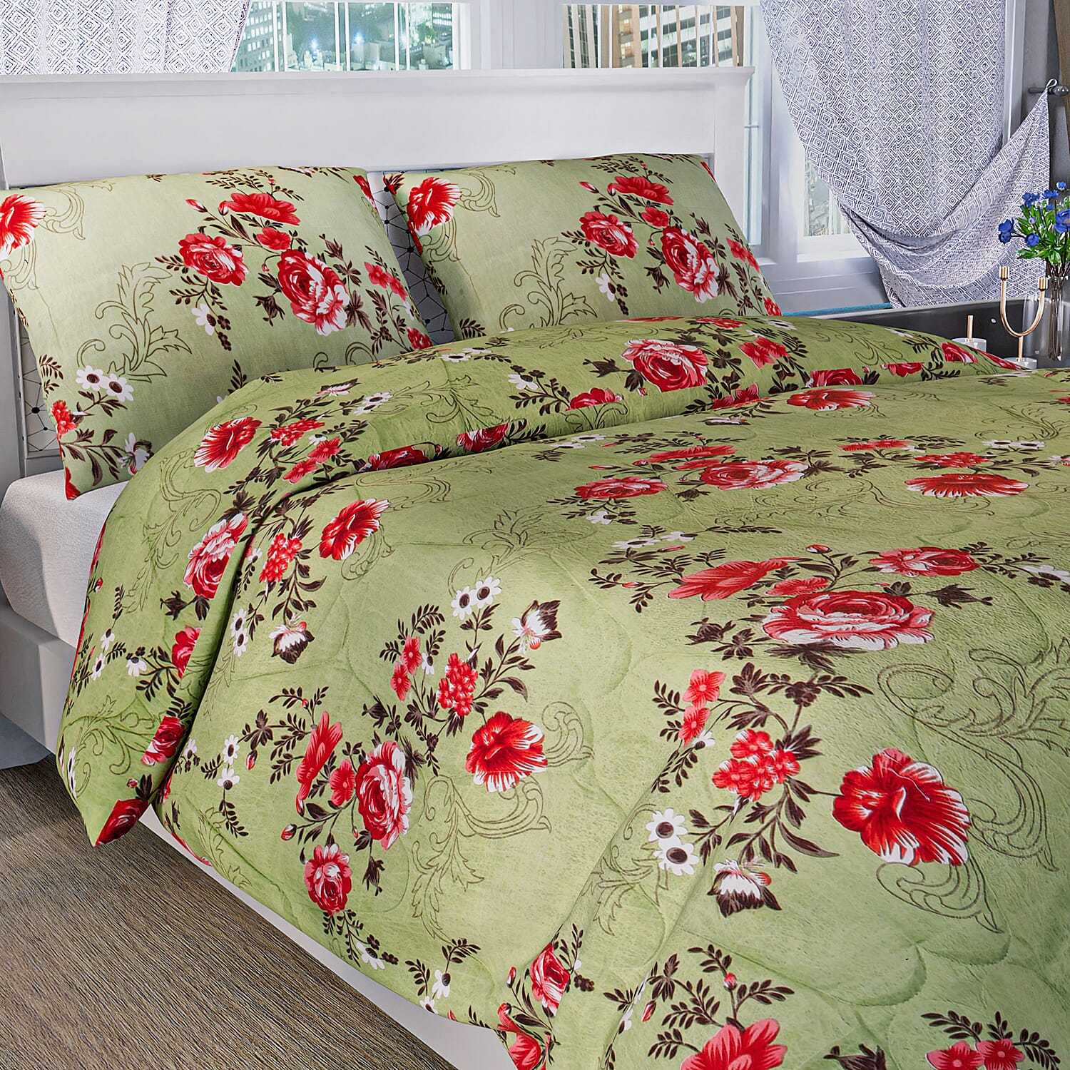 3 Piece Set - Micro Fiber Quilted Printed Reversible Comforter and Pillow Cover (Size 200x200) - Sky Blue