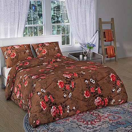 3 Piece Set -  Micro Fiber Quilted Printed Reversible Comforter with 2 Pillow Cover (Size 235x225cm) - Light Brown