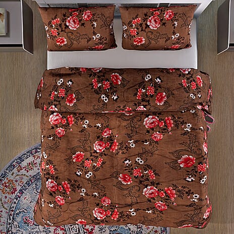 3 Piece Set -  Micro Fiber Quilted Printed Reversible Comforter with 2 Pillow Cover (Size 235x225cm) - Light Brown