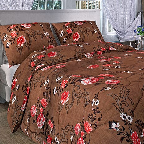 3 Piece Set -  Micro Fiber Quilted Printed Reversible Comforter with 2 Pillow Cover (Size 235x225cm) - Light Brown