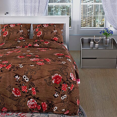 3 Piece Set -  Micro Fiber Quilted Printed Reversible Comforter with 2 Pillow Cover (Size 235x225cm) - Light Brown