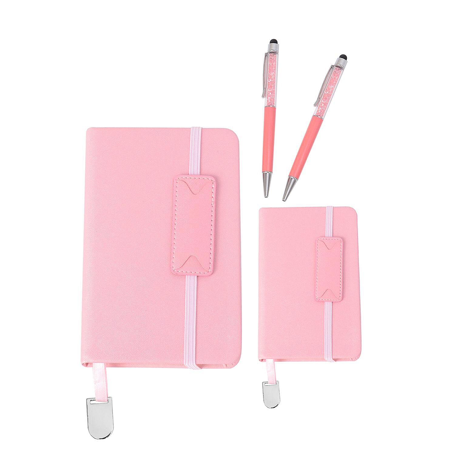 4 Piece Set - A4 and A6 Notebook with 2 Crsytal Filled Pens - Pink