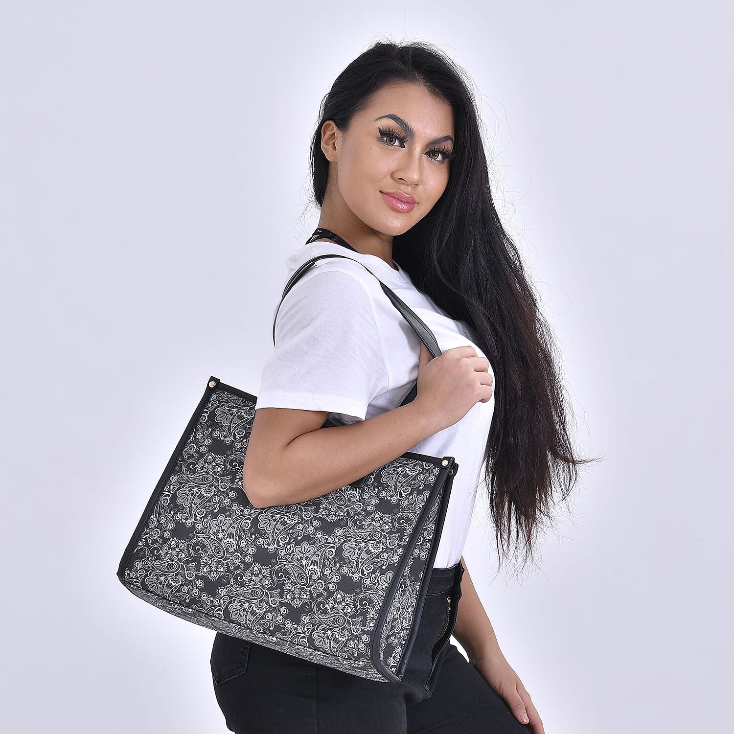 Designer Closeout- Fully Lined Jacquard Canvas Paisley Tote Bag with Zipper Closure and Handles - Black