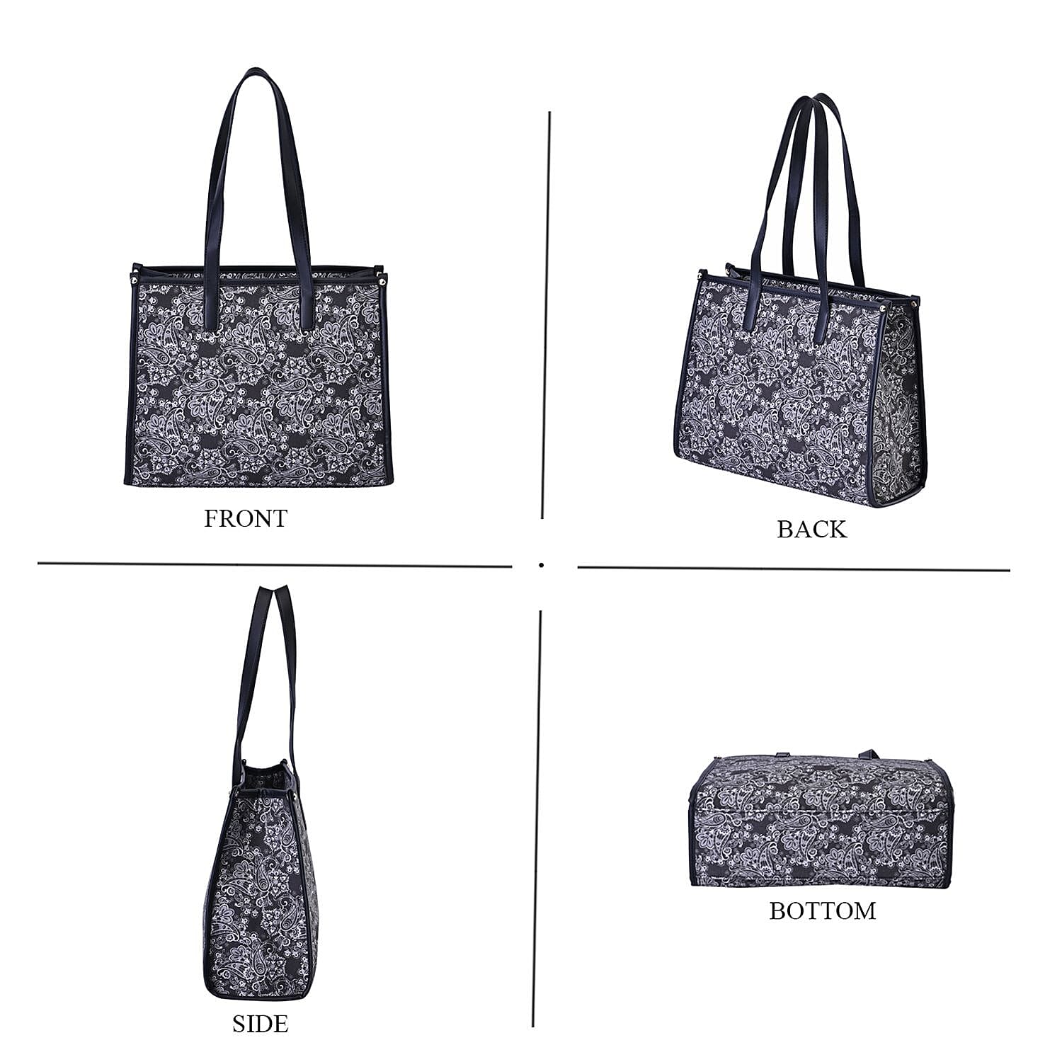 Designer Closeout- Fully Lined Jacquard Canvas Paisley Tote Bag with Zipper Closure and Handles - Black