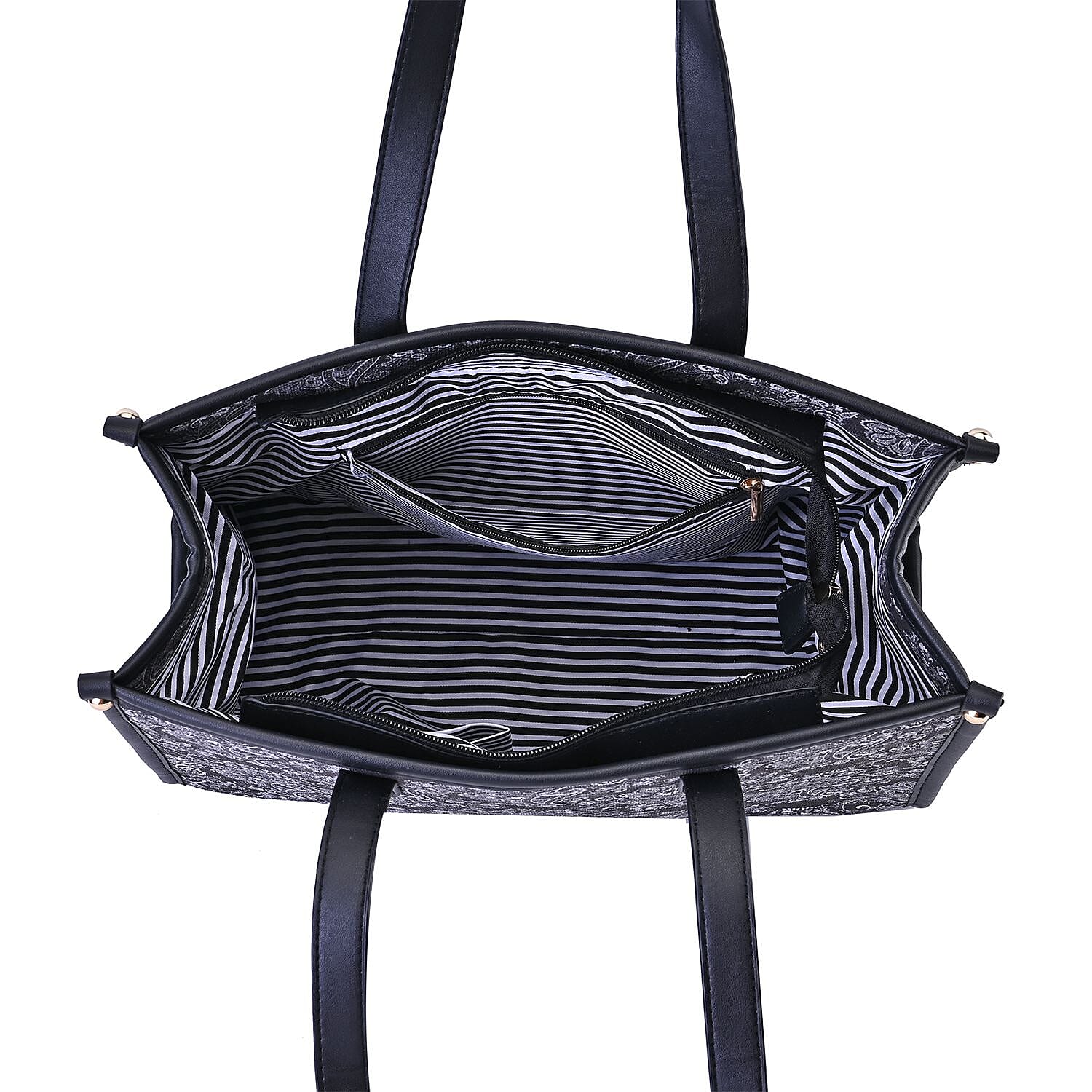 Designer Closeout- Fully Lined Jacquard Canvas Paisley Tote Bag with Zipper Closure and Handles - Black