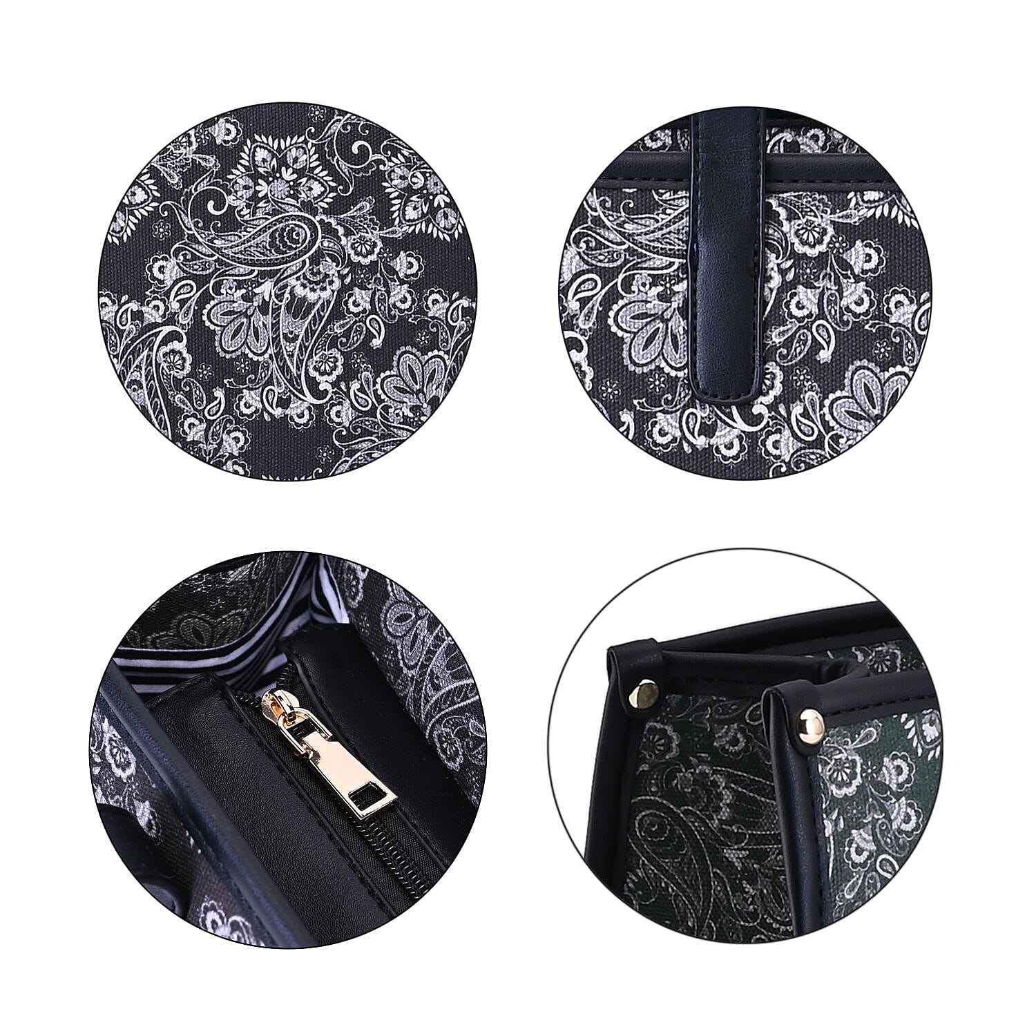 Designer Closeout- Fully Lined Jacquard Canvas Paisley Tote Bag with Zipper Closure and Handles - Black