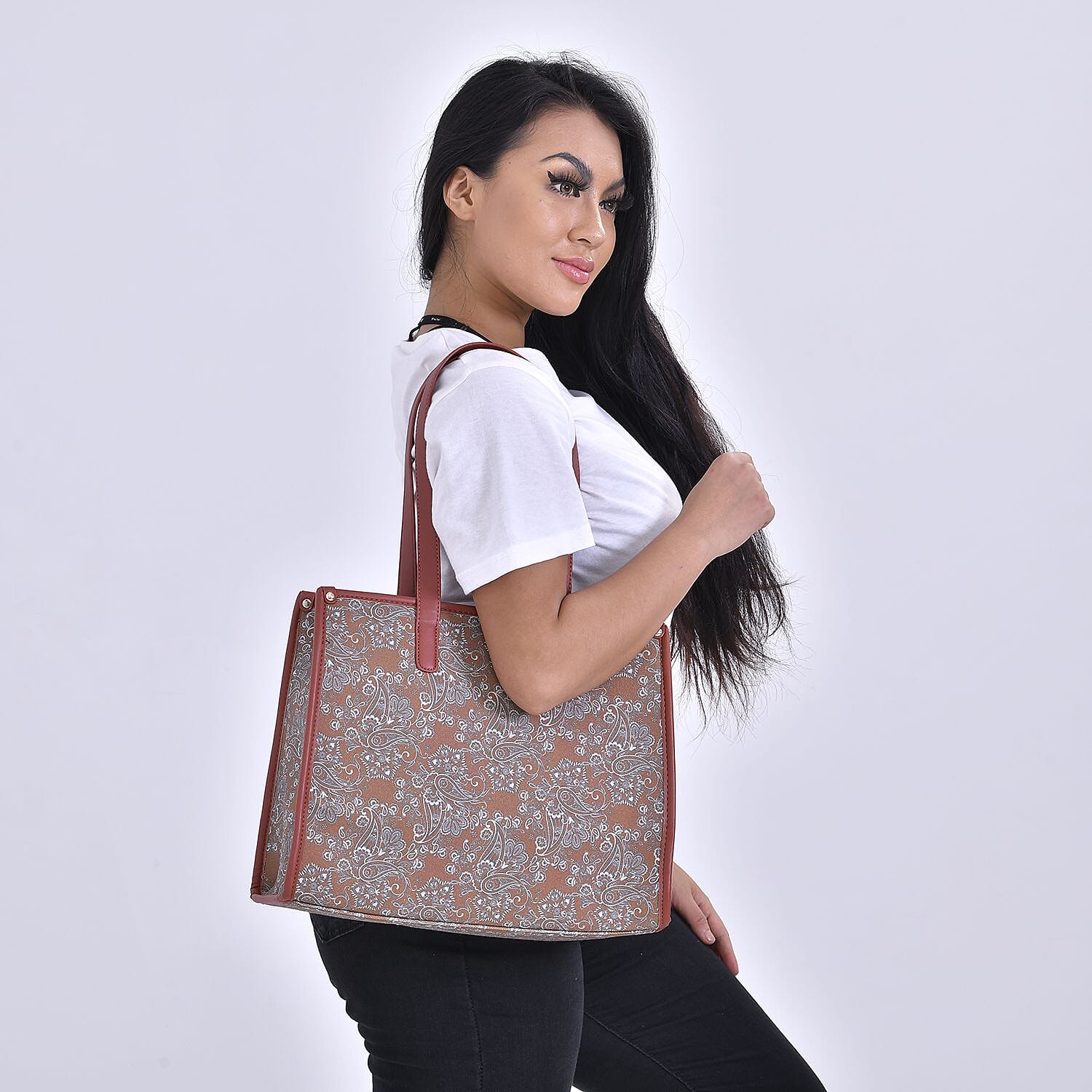 Designer Closeout- Fully Lined Jacquard Canvas PaisleyTote Bag with Zipper Closure and Handles - Tan