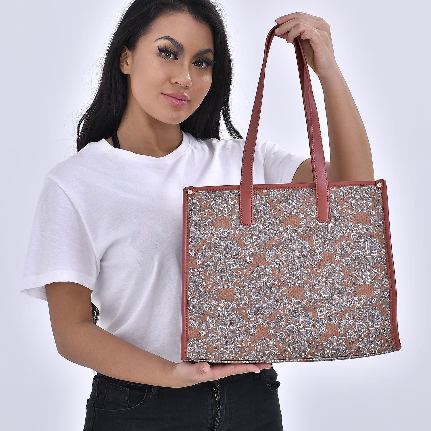 Designer Closeout- Fully Lined Jacquard Canvas PaisleyTote Bag with Zipper Closure and Handles - Tan