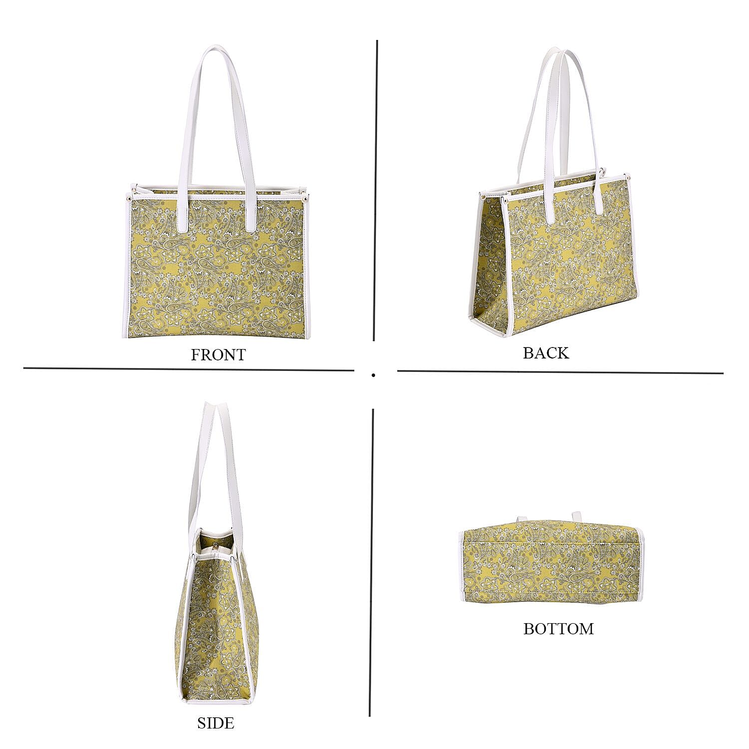 Designer Closeout- Fully Lined Jacquard Canvas Tote Bag with Zipper Closure and Handles - Yellow