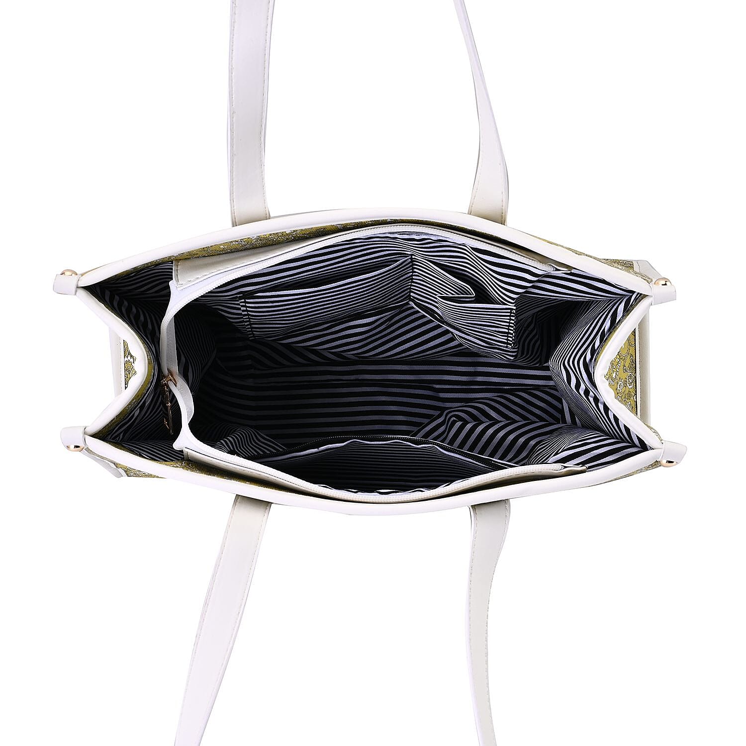 Designer Closeout- Fully Lined Jacquard Canvas Tote Bag with Zipper Closure and Handles - Yellow