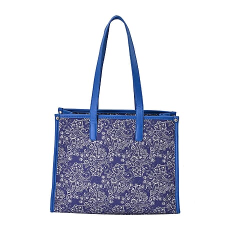 Designer Closeout- Fully Lined Jacquard Canvas Tote Bag with Zipper Closure and Handles - Navy