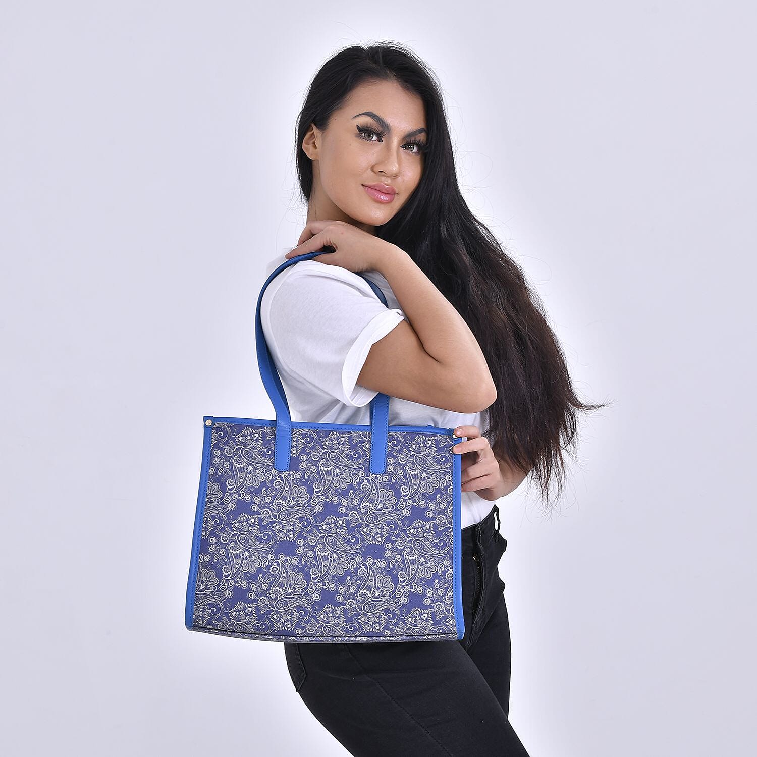 Designer Closeout- Fully Lined Jacquard Canvas Tote Bag with Zipper Closure and Handles - Navy