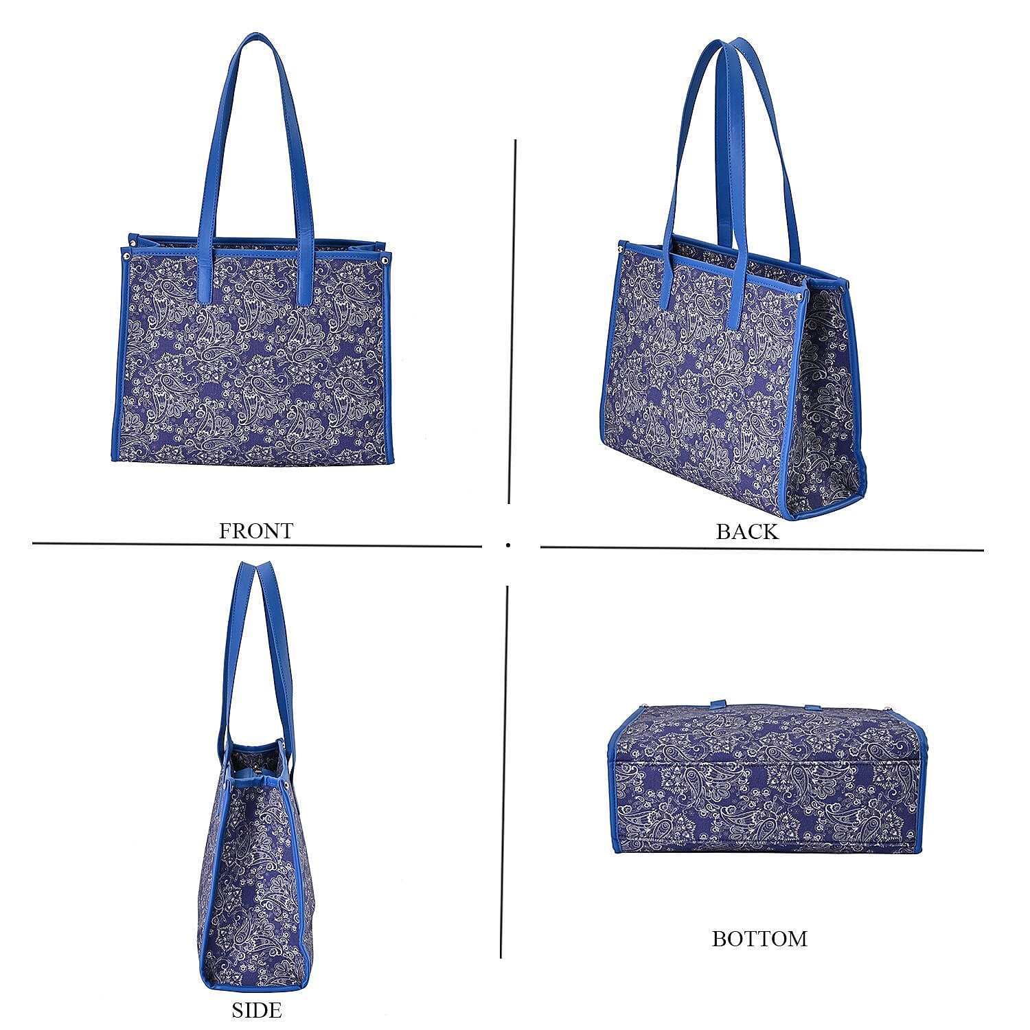Designer Closeout- Fully Lined Jacquard Canvas Tote Bag with Zipper Closure and Handles - Navy