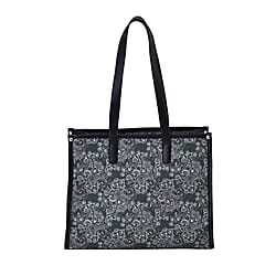 Designer Closeout- Fully Lined Jacquard Canvas Paisley Tote Bag with Zipper Closure and Handles - Black