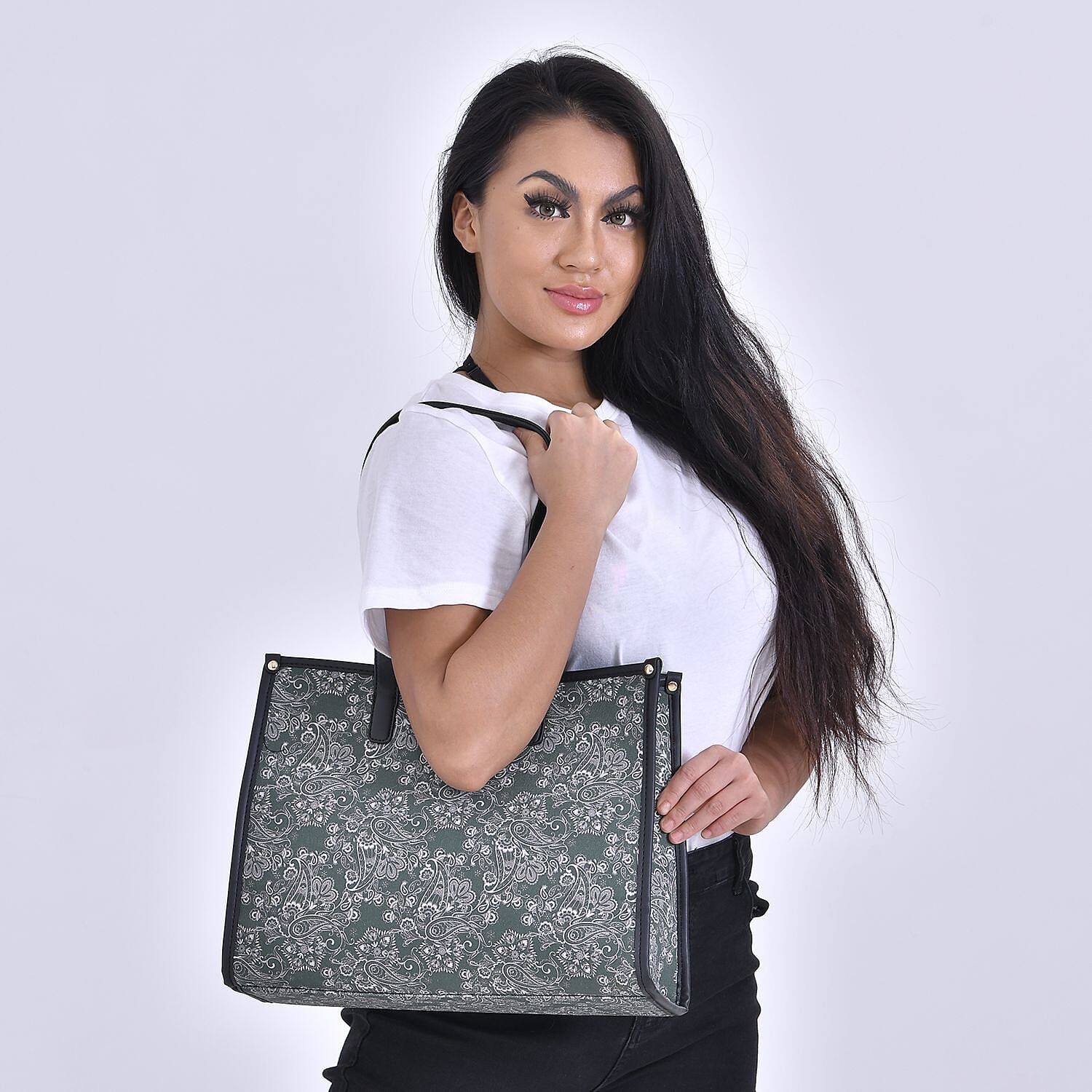 Designer Closeout- Fully Lined Jacquard Canvas Tote Bag with Zipper Closure and Handles - Olive