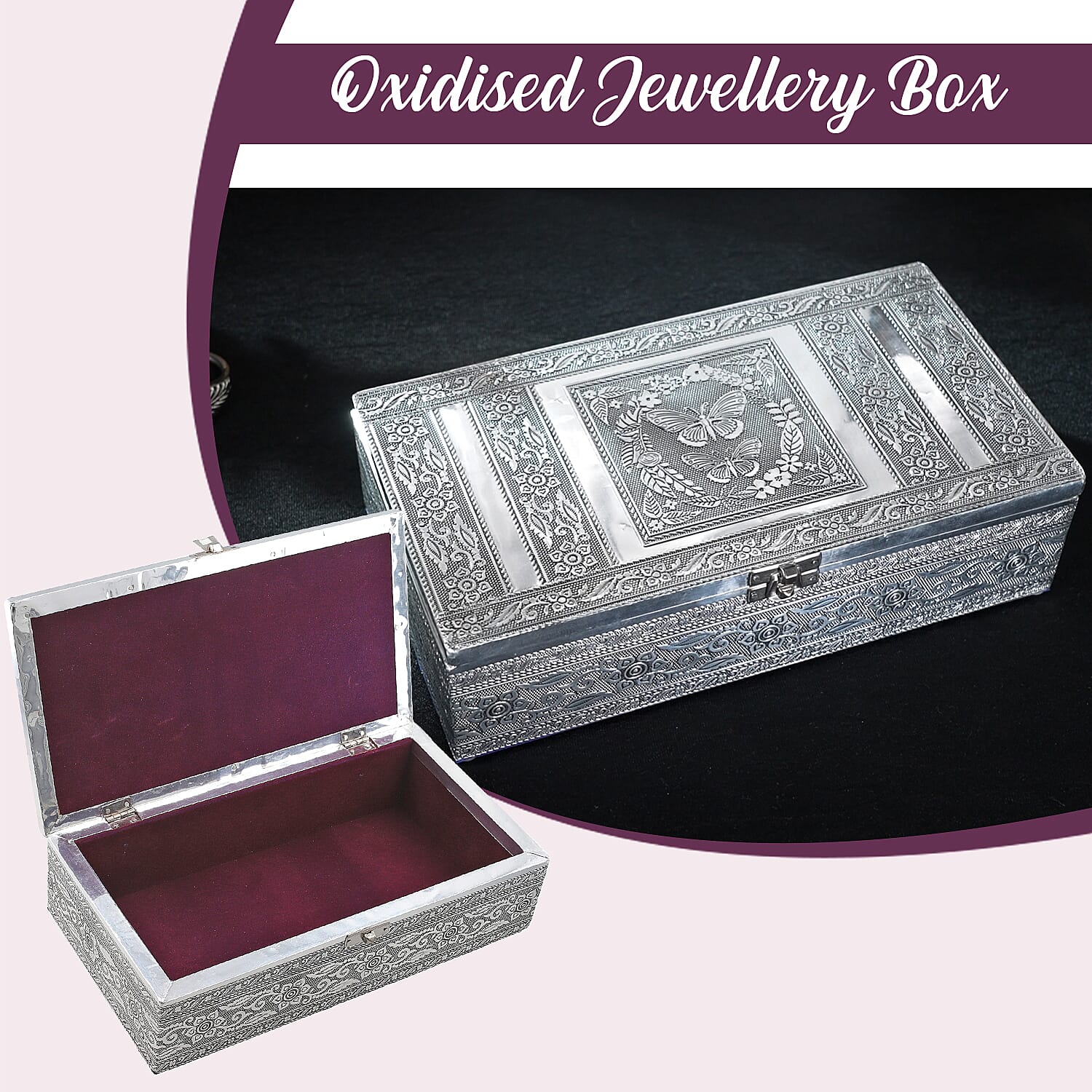 Butterfly Embossed Storage Box (Size 27x15x7 cm) - Silver