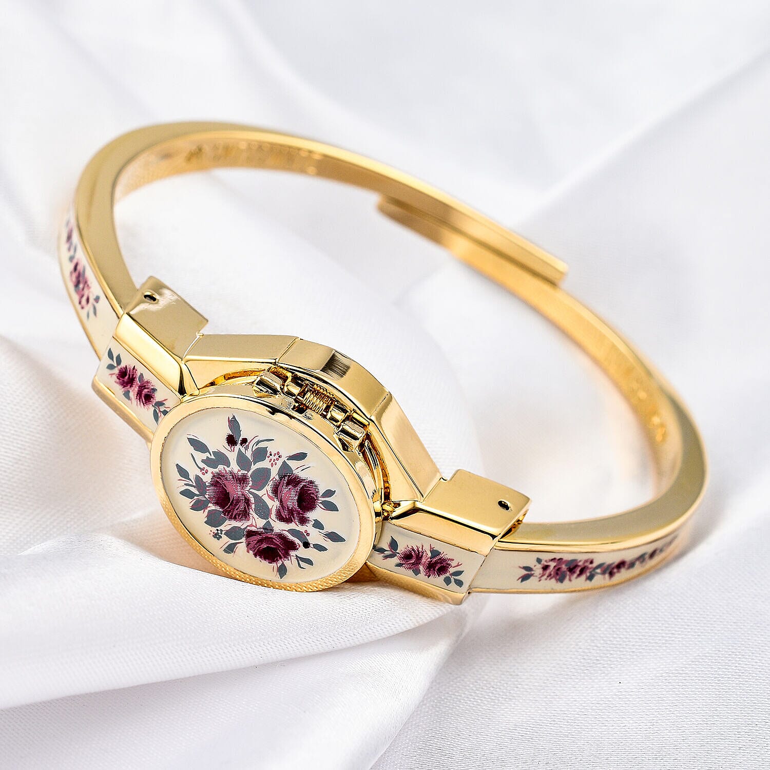 DOD- Andre Mouche -Swiss Ronda Movement Red Floral Pattern Ladies Bangle Watch (Size 6 - 6.5)