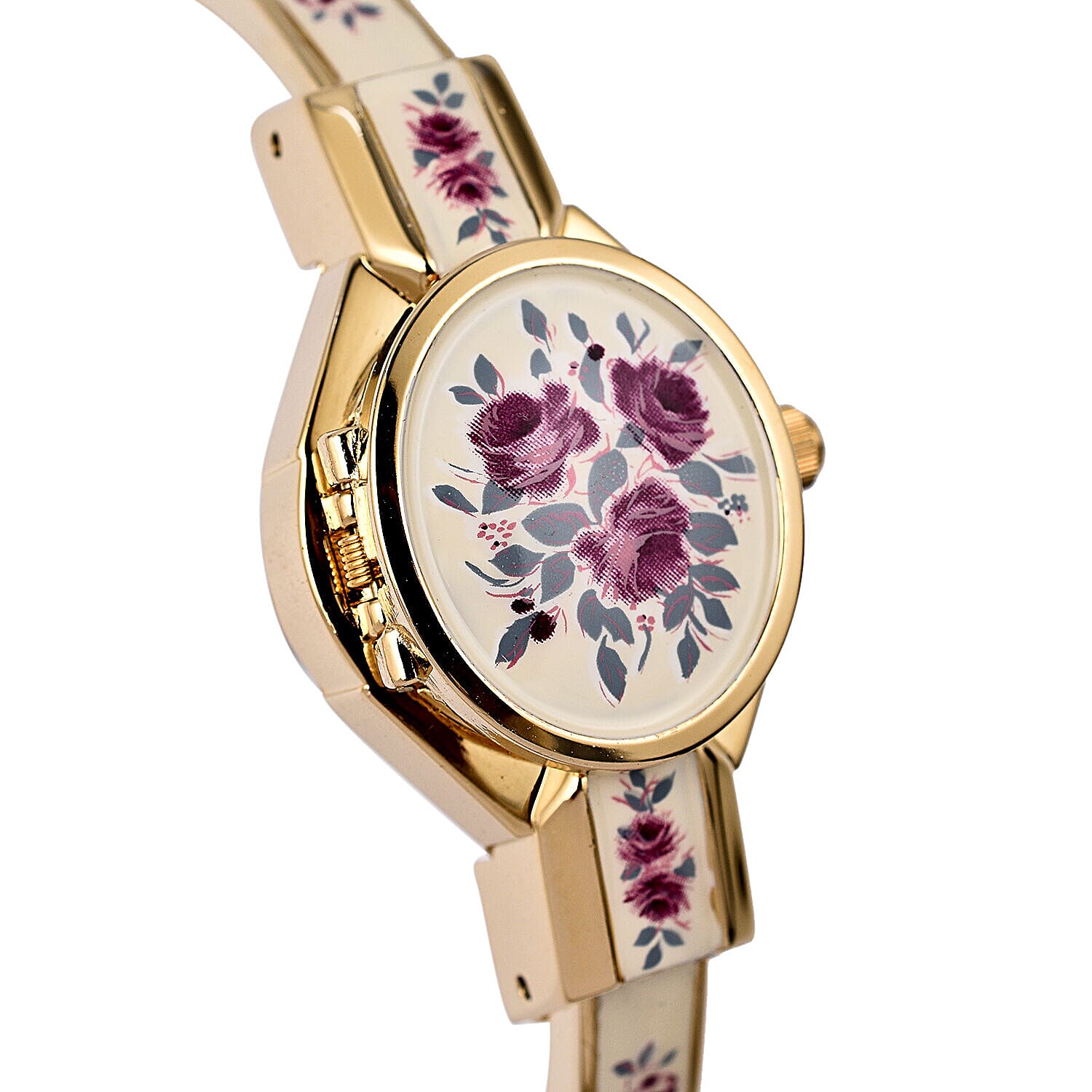 DOD- Andre Mouche -Swiss Ronda Movement Red Floral Pattern Ladies Bangle Watch (Size 6 - 6.5)